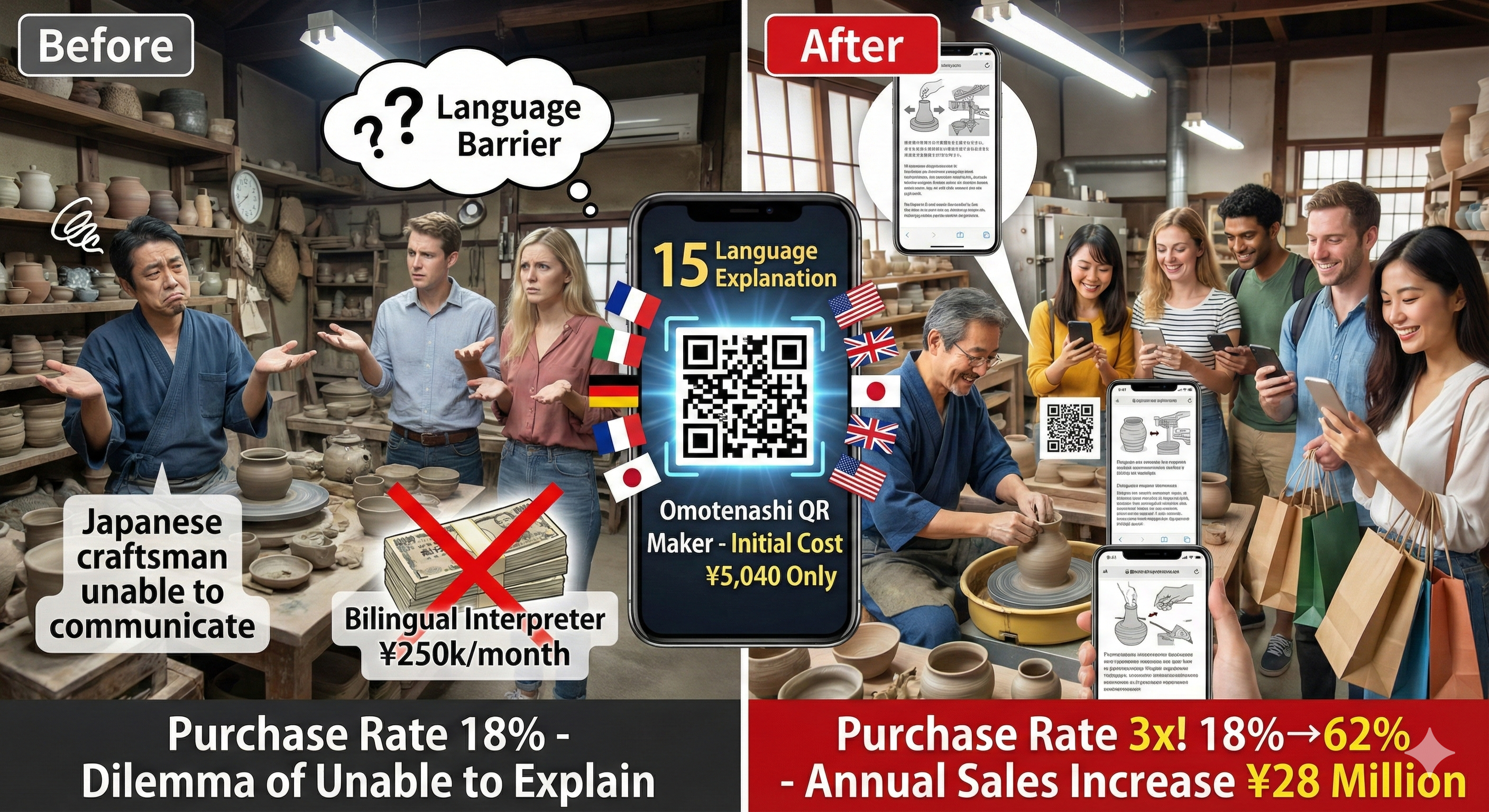 工場見学・職人技のQR多言語化イメージ
