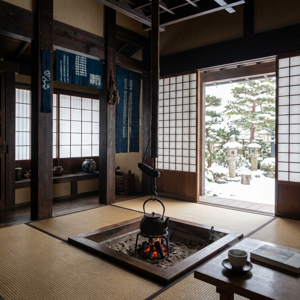 雪景色の古民家と囲炉裏の暖かさ