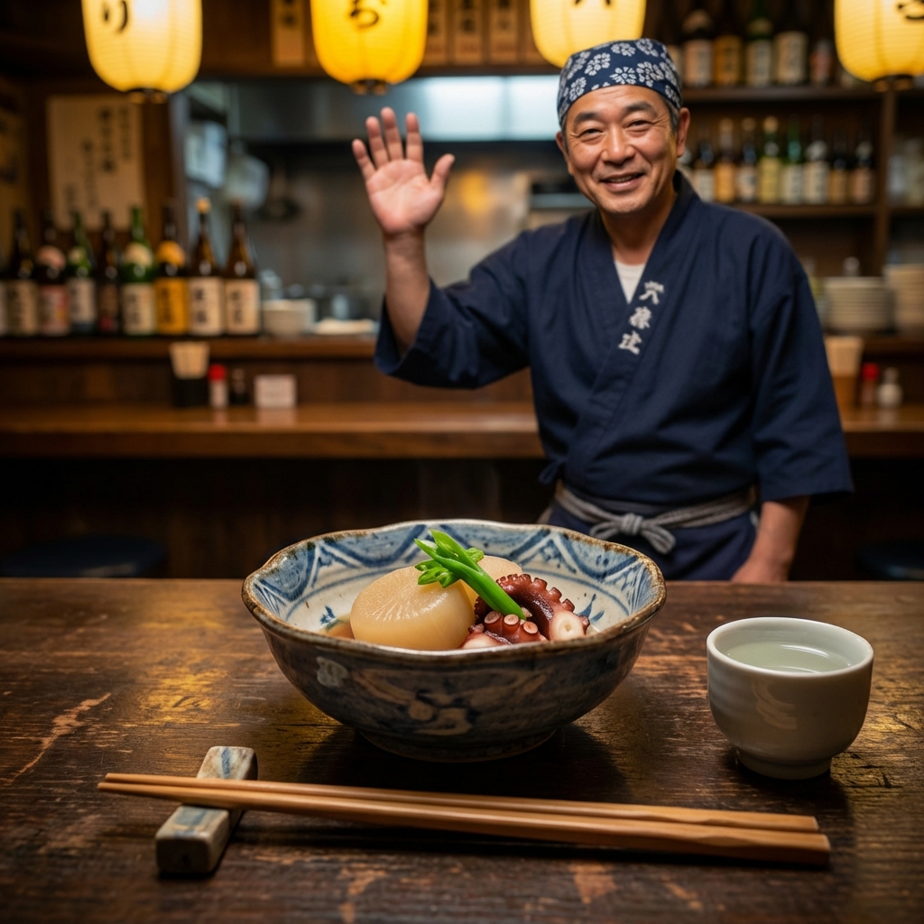 居酒屋のお通しと笑顔の店主
