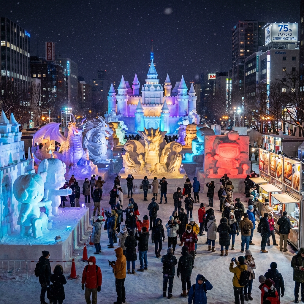 ライトアップされた雪像を楽しむ観光客