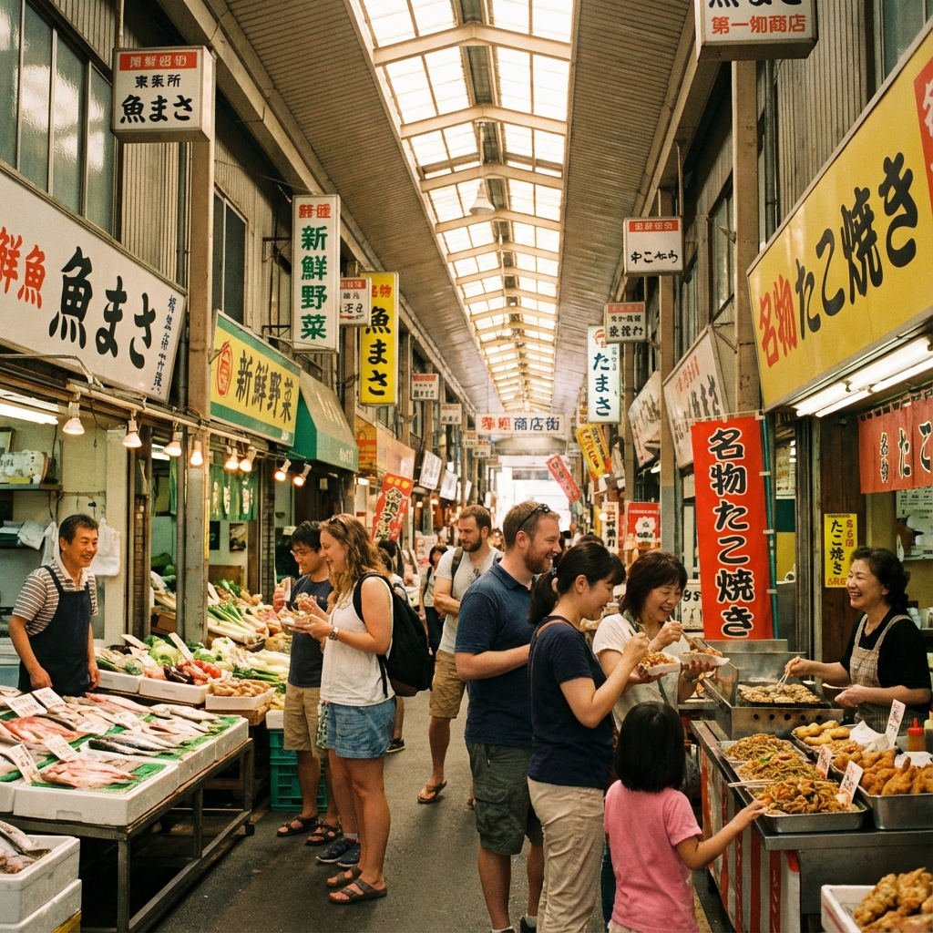 昭和レトロな商店街を歩く外国人観光客